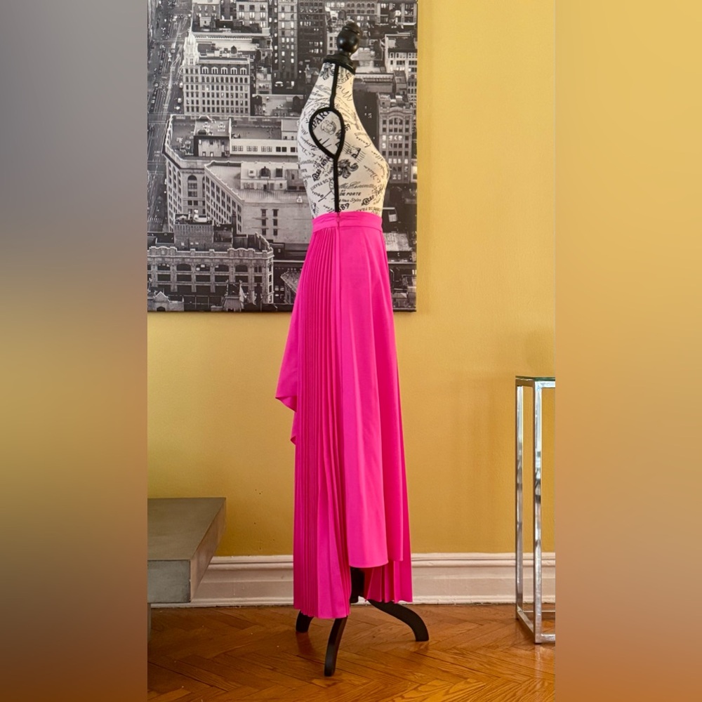 Christopher John Rogers Pleated Asymmetric Skirt Neon Pink Wool Blend - Picture 6 of 15